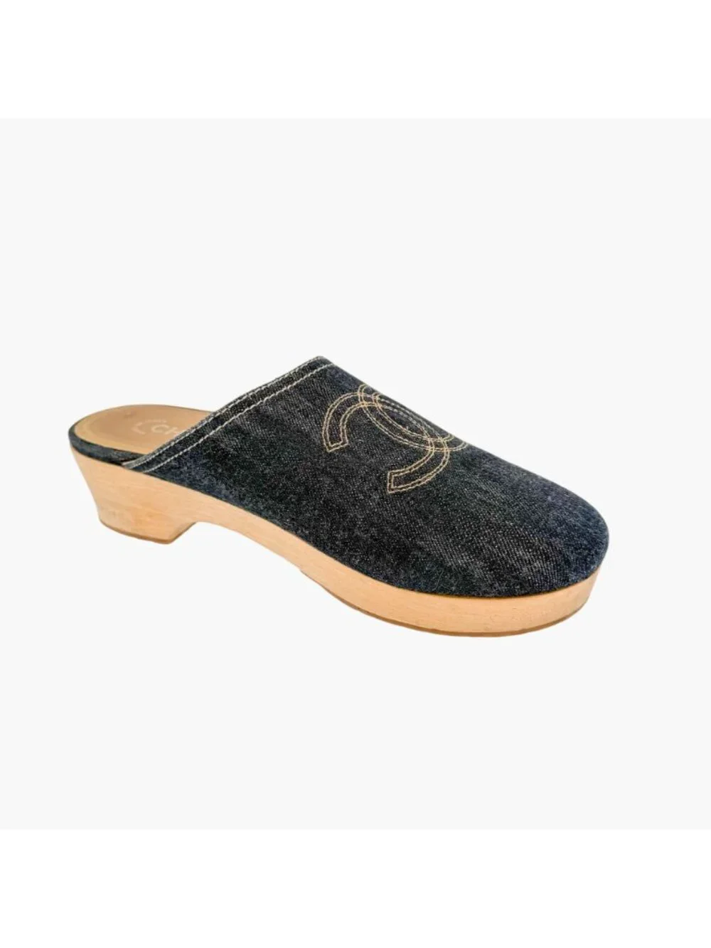 Chanel Denim CC Clogs Navy Blue Platform Mules Wooden Size 41 US 10-10.5 Women’s